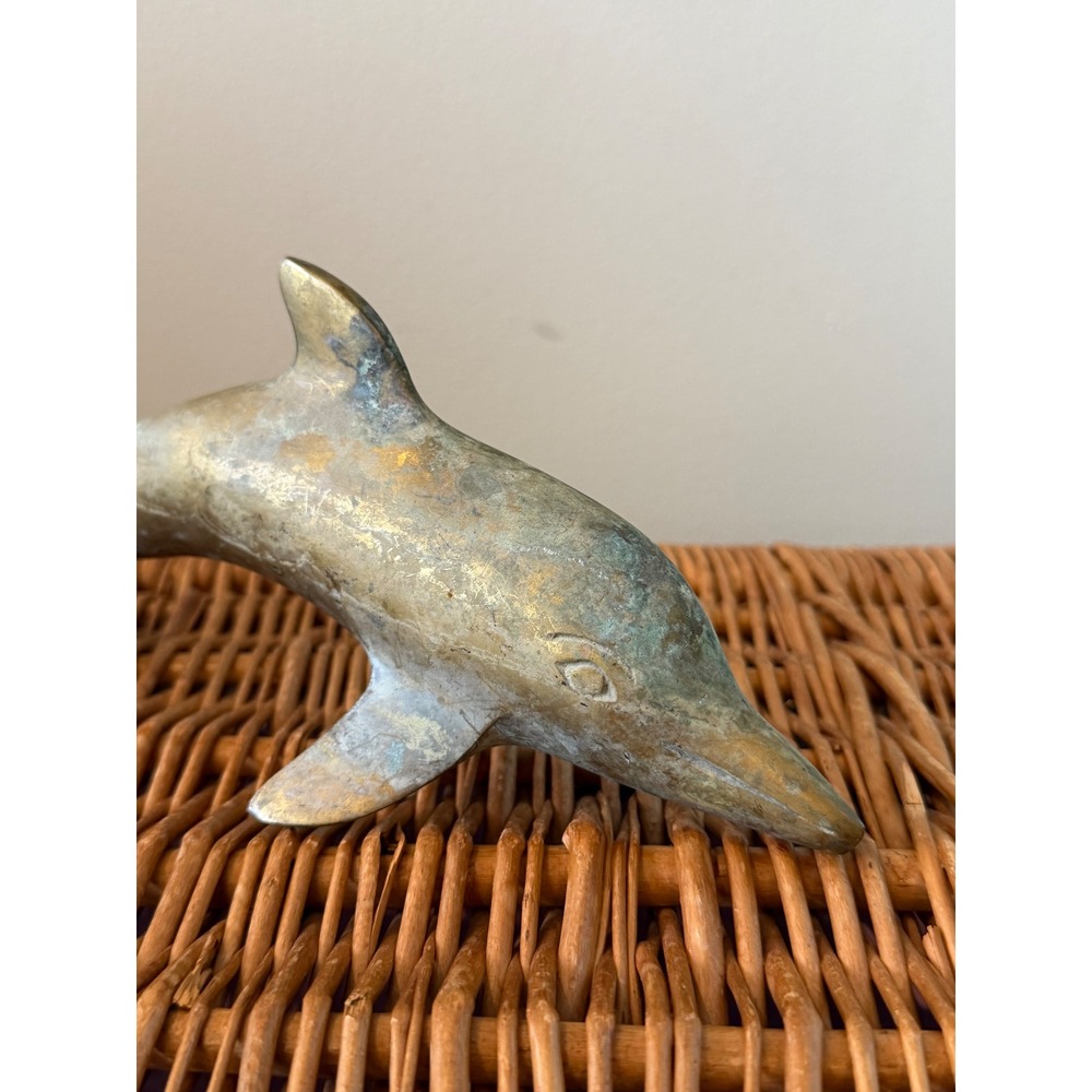 Vintage Solid Brass Dolphin Figurine Arched Body Verdigris Patina 8 Inch
